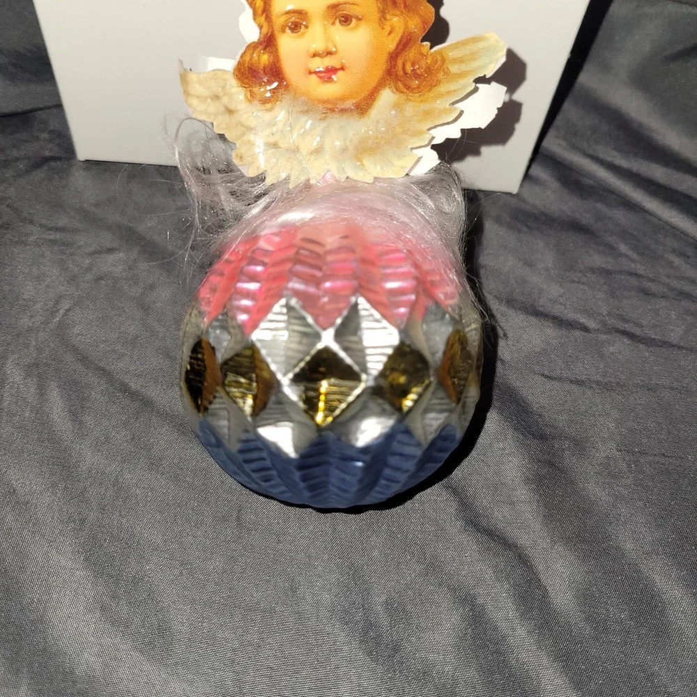 VTG Inge Glas Cherub Above Ball With Tinsel Wire Old World Holiday Ornament RARE